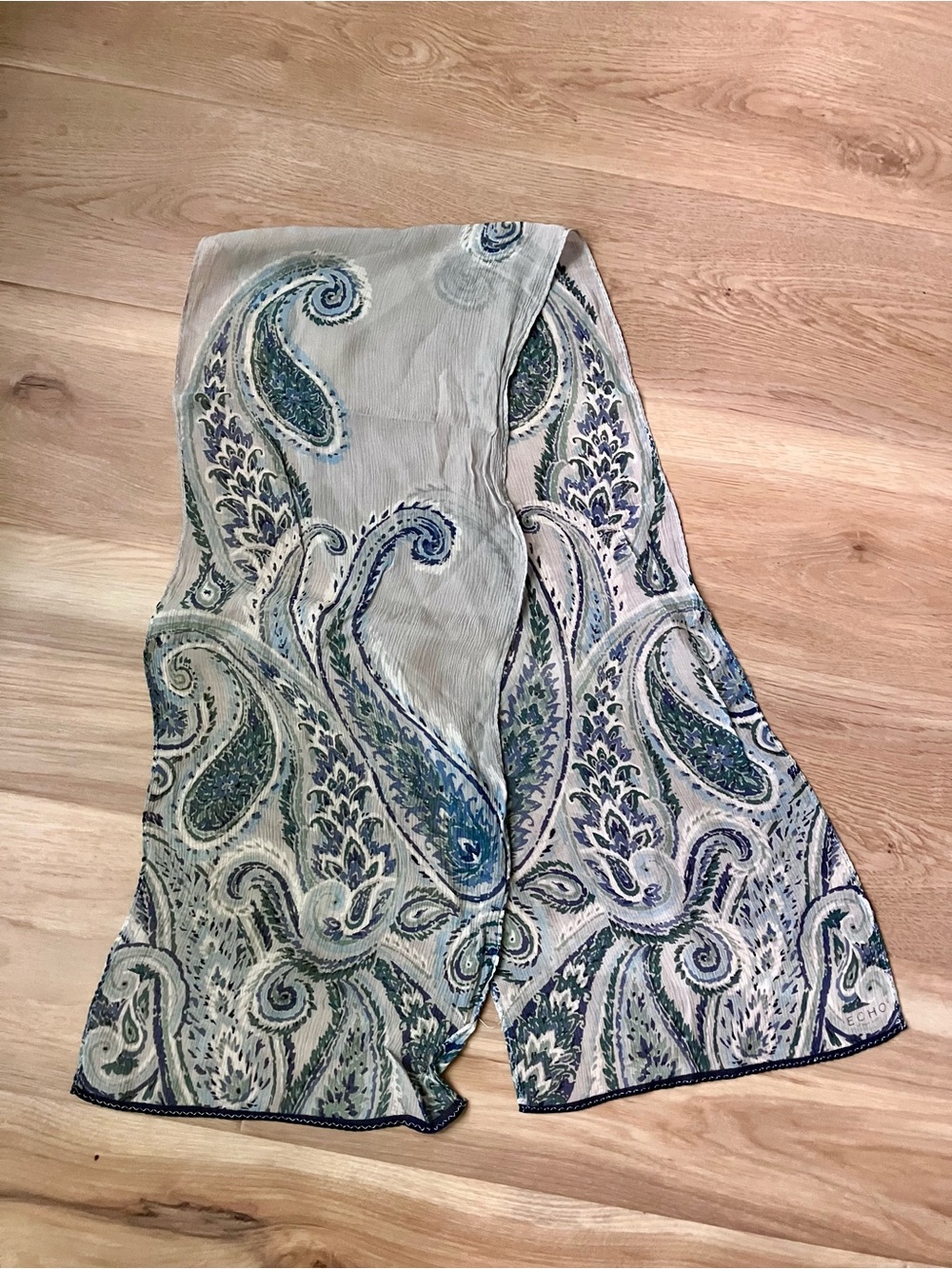 Vintage ECHO 100% Silk Chiffon long scarf blue paisley